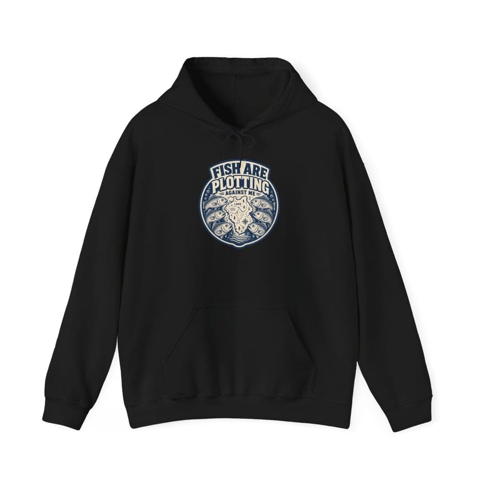 Fish Are Plotting Against Me fishing hoodie in black