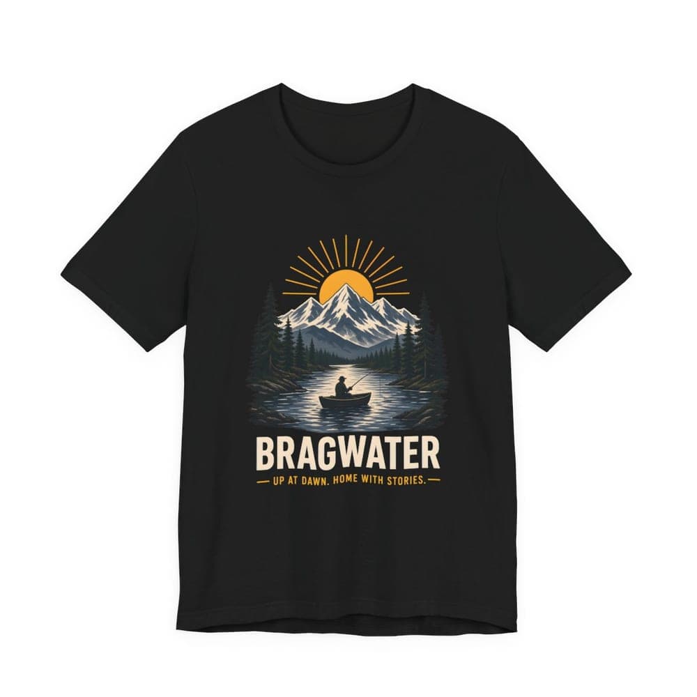 Up at Dawn. Home with Stories. fishing t-shirt in black